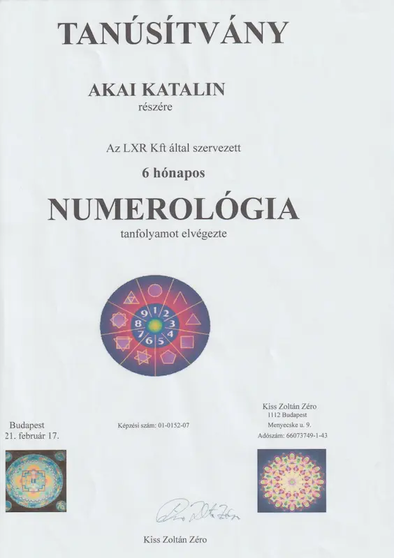 Numerológia oklevél