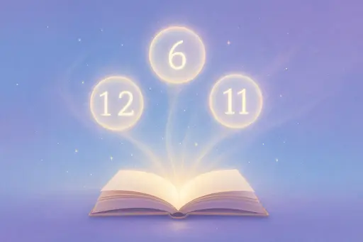 Numerológiai esettanulmányok illusztráció: nyitott könyvből három fénygömb emelkedik ki, bennük az 12, 6 és 11 számok, amelyek különböző élethelyzeteket szimbolizálnak.