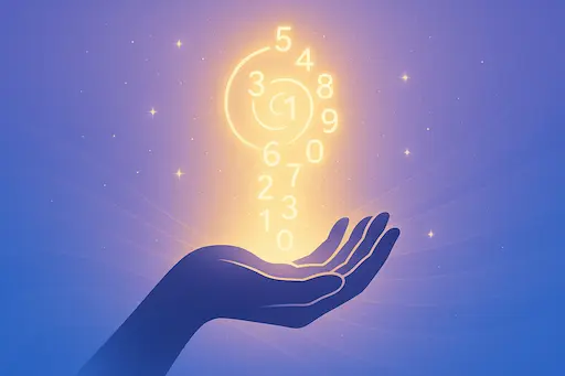 A számmisztika etikus és felelősségteljes használata: nyitott kézben fénylő számspirál, amely a bizalmat és tiszteletet szimbolizálja.