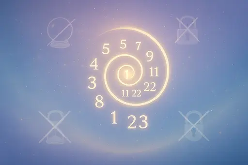 Számmisztika gyakori tévhitek: fénylő számspirál, körülötte áthúzott ikonok – kristálygömb, homokóra, lakat – amelyek a félreértéseket szimbolizálják.