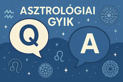 Asztrológiai GYIK illusztráció – kérdések és válaszok szimbolikus ábrázolása csillagjegyek és horoszkóp ikonokkal, kék csillagos háttér előtt.
