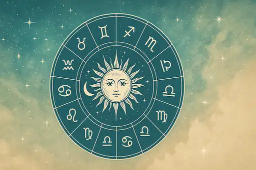 Asztrológiai kör ábra a 12 csillagjeggyel és a középen ragyogó Nappal, misztikus csillagos háttérrel.