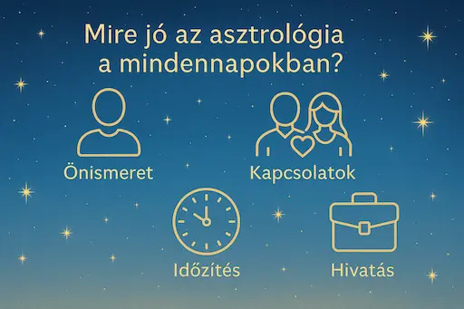 Asztrológia a mindennapokban – önismeret, kapcsolatok, időzítés és hivatás szimbolikus ábrázolása csillagos misztikus háttérrel.