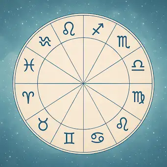 Asztrológiai kör 12 házzal, mindegyikhez tartozó zodiákus szimbólummal, felirat nélküli minimalista ábrázolás csillagos háttérrel.