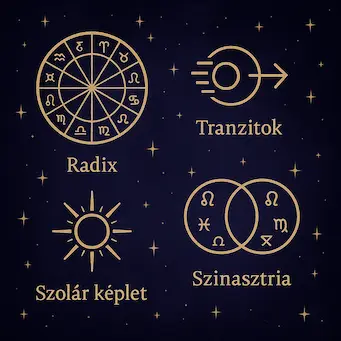 Asztrológiai módszerek illusztráció – Radix, Tranzitok, Szolár képlet és Szinasztria arany szimbólumokkal csillagos háttér előtt.