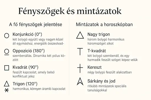 Asztrológiai fényszögek és mintázatok infografika – konjunkció, oppozíció, kvadrát, trigon, szextil, valamint nagy trigon, T-kvadrát és kereszt ábrázolása.