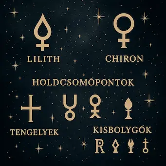 Haladó asztrológiai fogalmak illusztráció – aszcendens–descendens tengely, IC–MC tengely, Holdcsomópontok, Lilith, Chiron, kisbolygók és sorspontok szimbolikus ábrázolása misztikus háttérrel.