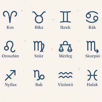 A 12 asztrológiai horoszkóp jegy szimbólumai letisztult, minimalista grafikán, csillagokkal díszített háttérrel.