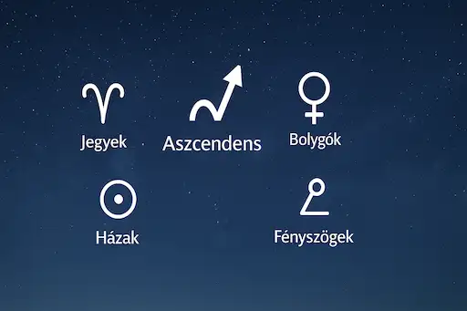 Asztrológiai horoszkóp összetevői – jegyek, házak, aszcendens, bolygók és fényszögek – szimbolikus ikonokkal ábrázolva csillagos háttéren.