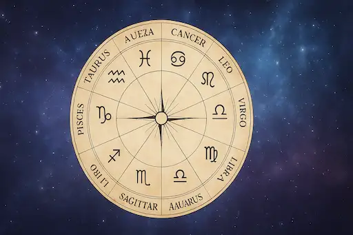 Asztrológiai születési horoszkóp kördiagram csillagjegyekkel és fényszögekkel, misztikus csillagos háttér előtt.