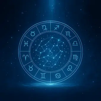 Személyes horoszkóp elemzés szimbolikus ábrázolása – csillagtérkép, égi kör és misztikus fények, amelyek az önismeret és a személyre szabott útmutatás szimbólumai.